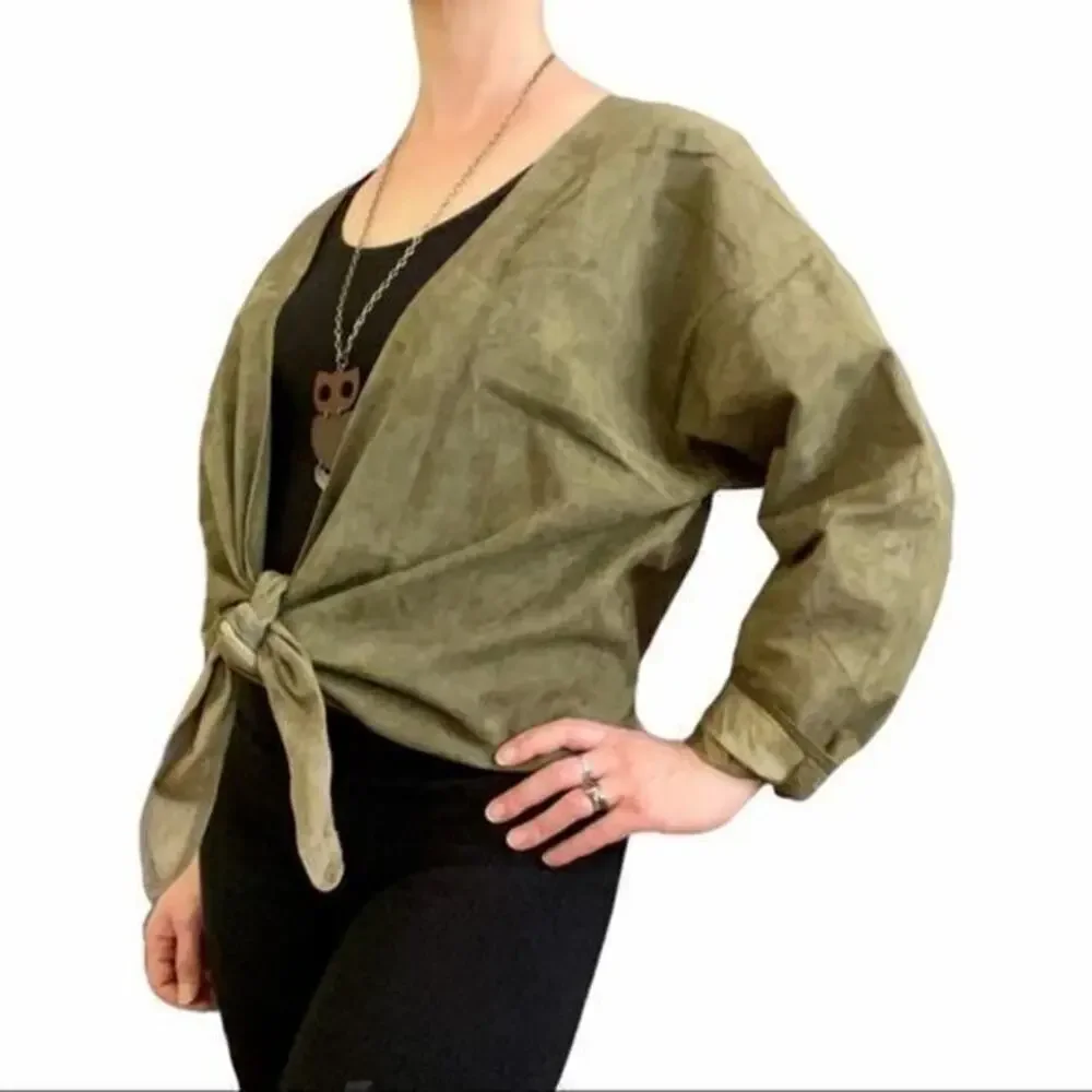 1970s Anne Klein Vintage Olive Green Suede Leather Front Tie Cardigan Jacket